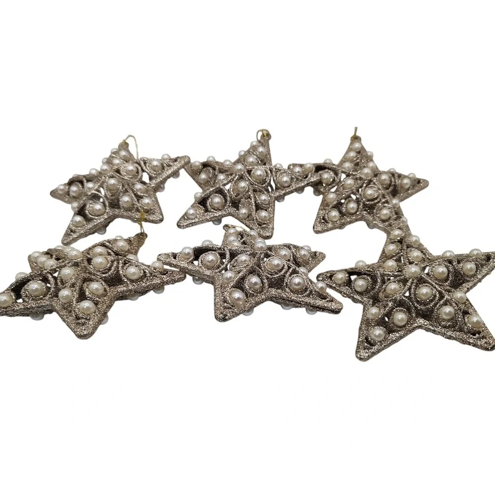 Glitter Christmas Ornaments Silver Gold‎ Tone Faux Pearl Beads 3D Set of Six